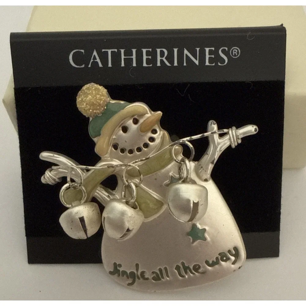 Catherines Snowman Jingle All The Way Pin Brooch Silver Tone Holiday Christmas